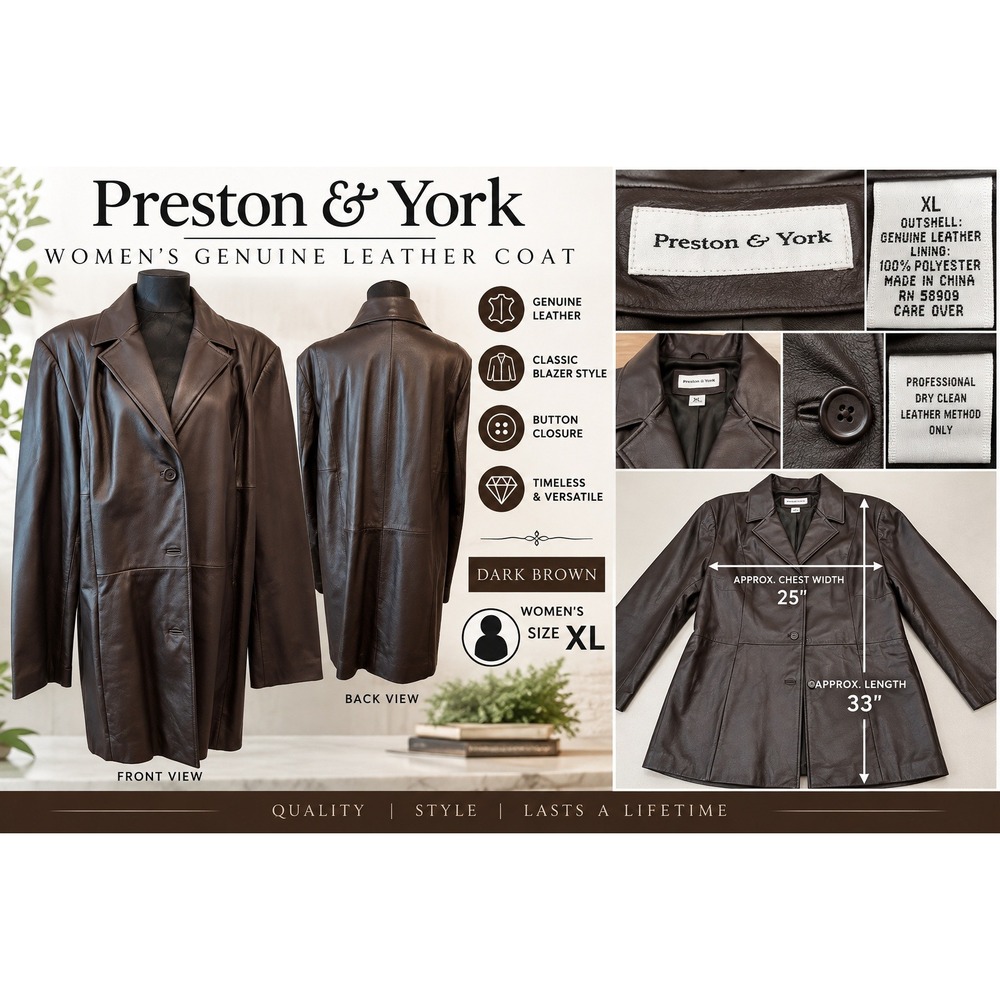 Preston & York Womens Genuine Leather Coat Dark Brown Blazer Jacket XL